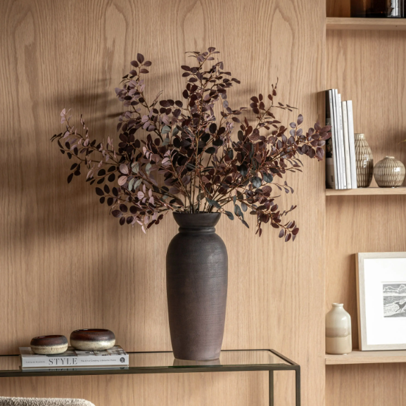Burgundy Faux Eucalyptus Arrangement in Black Ceramic Vase