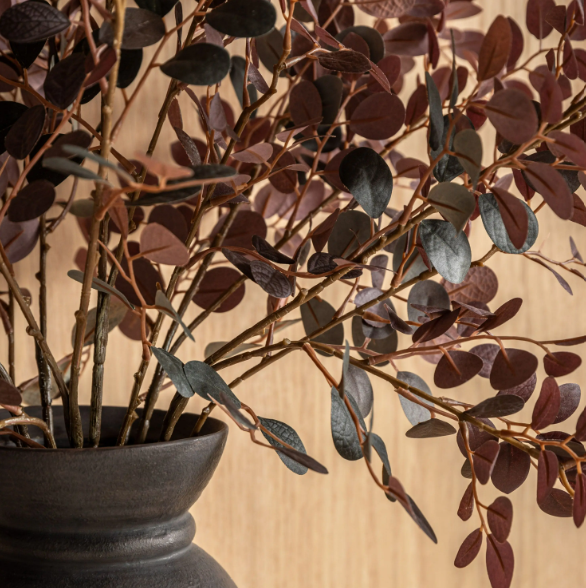 Burgundy Faux Eucalyptus Arrangement in Black Ceramic Vase