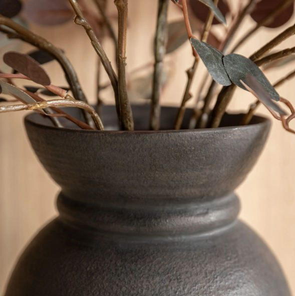 Burgundy Faux Eucalyptus Arrangement in Black Ceramic Vase
